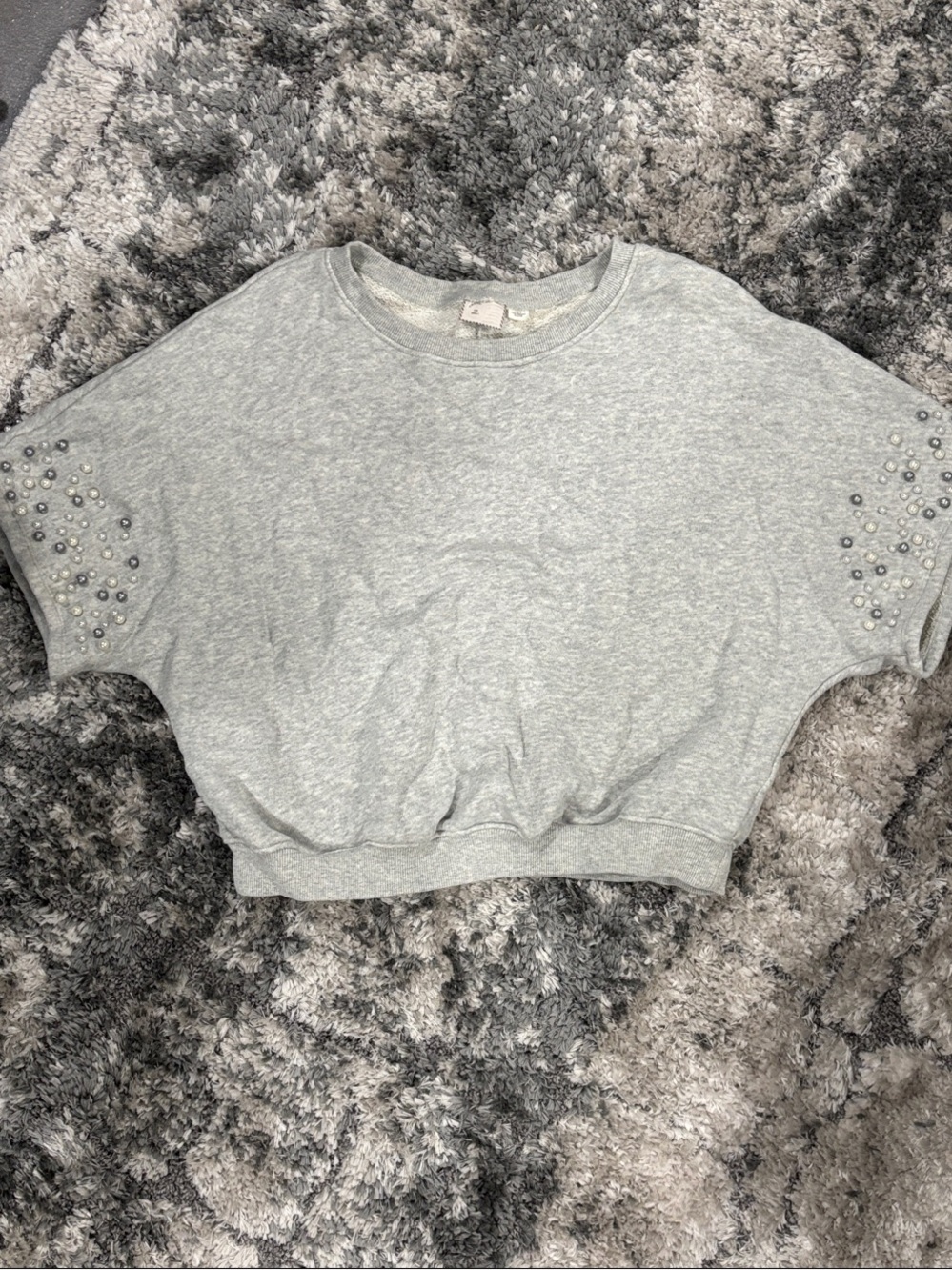 Anthro Grey Embellished Short Sleeve Sweatshirt - Women
